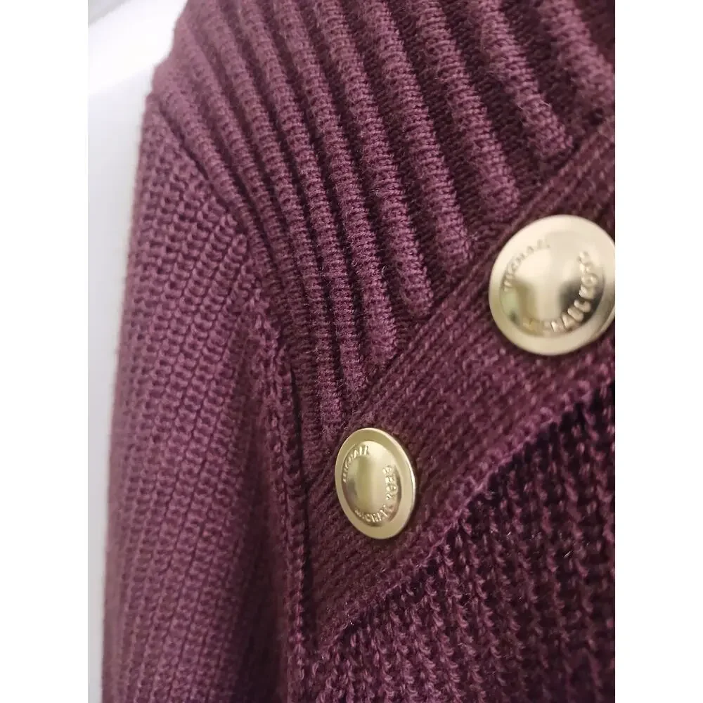 MICHAEL KORS Women's Crew Neck Pullover Sweater Gold Buttons Burgundy Sz S